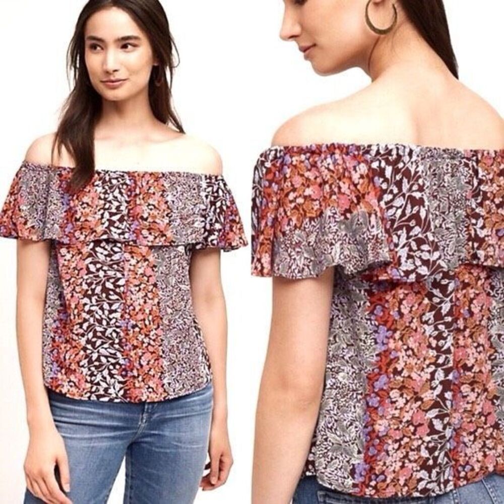 Anthropologie Maeve Women's Vallita Off Shoulder Ruffled Floral Top Purple‎ Pink
